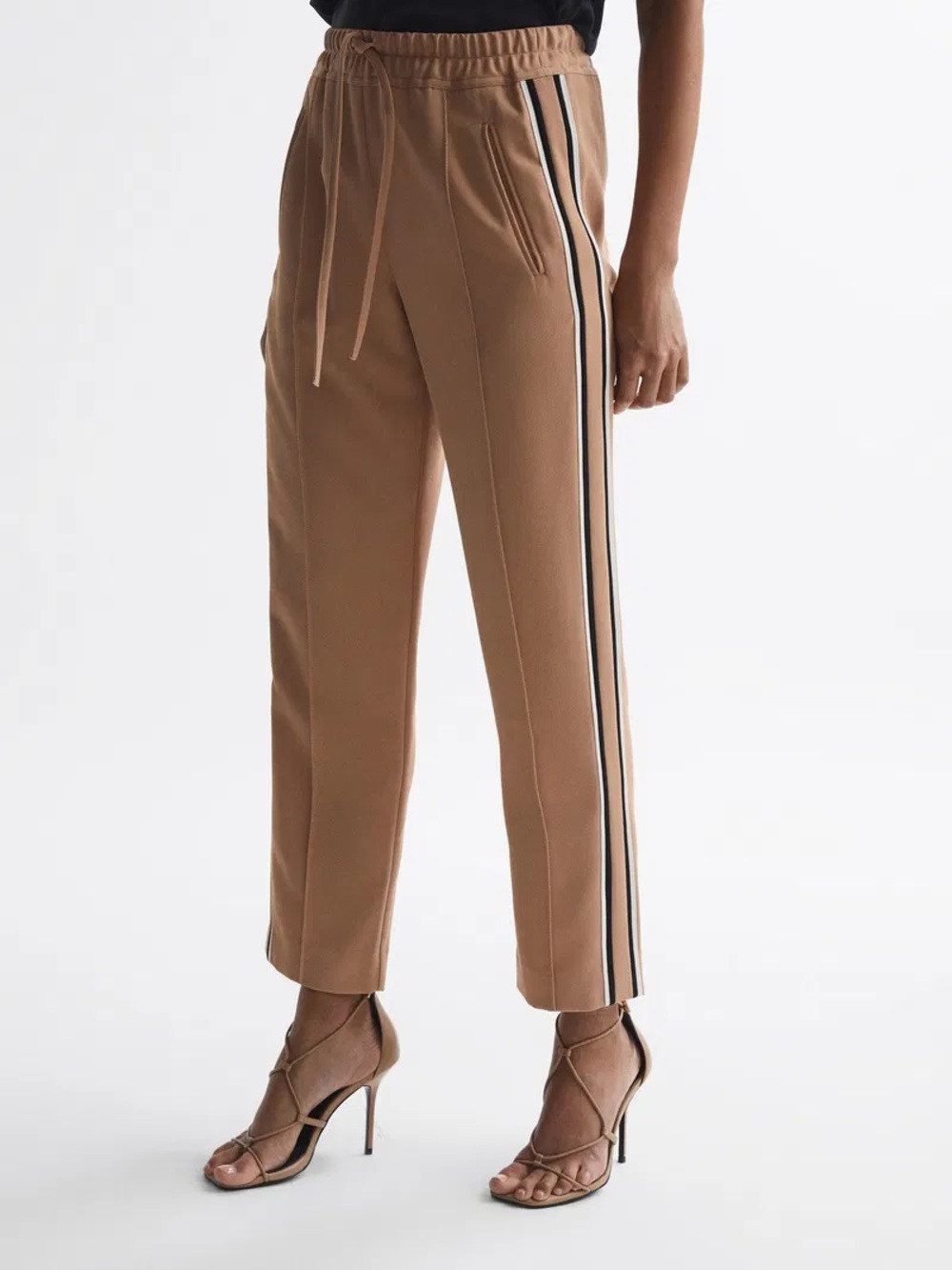 NEW Reiss Tre Taper Side Stiped Trousers Tan Track Pull-On Pants, Women's 4 $149